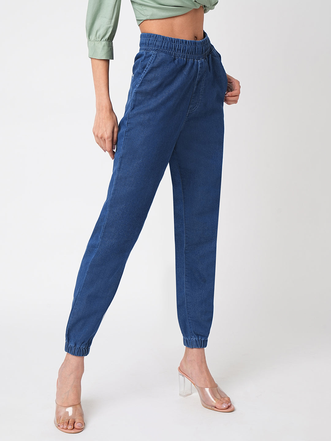 Women Blue High-Rise Denim Joggers