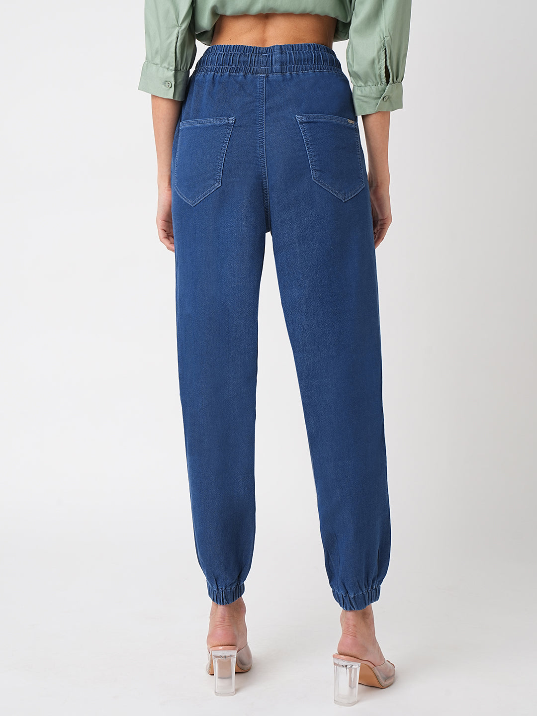 Women Blue High-Rise Denim Joggers