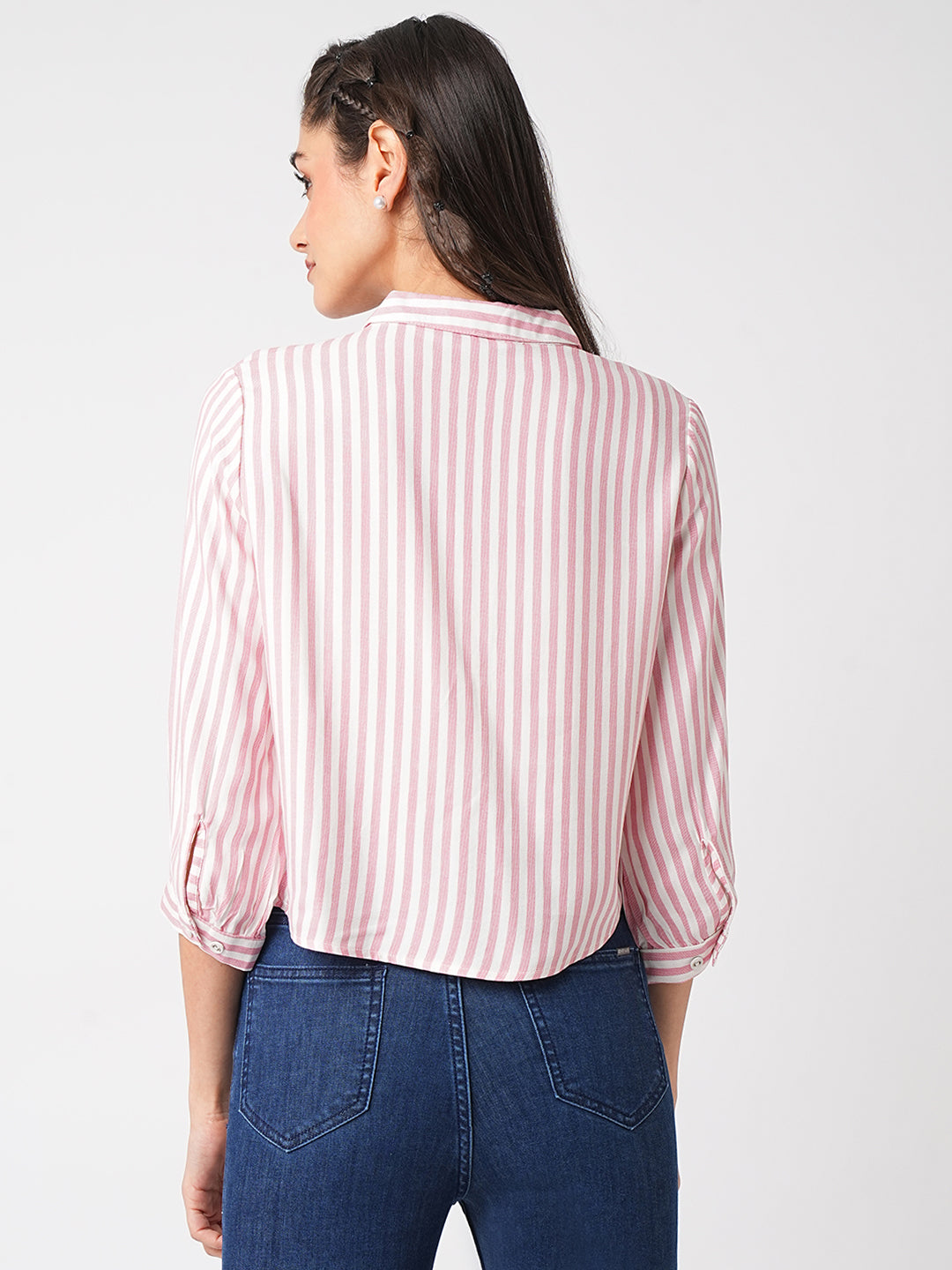 Women Stripped Tie-Up Crop Slim Shirt