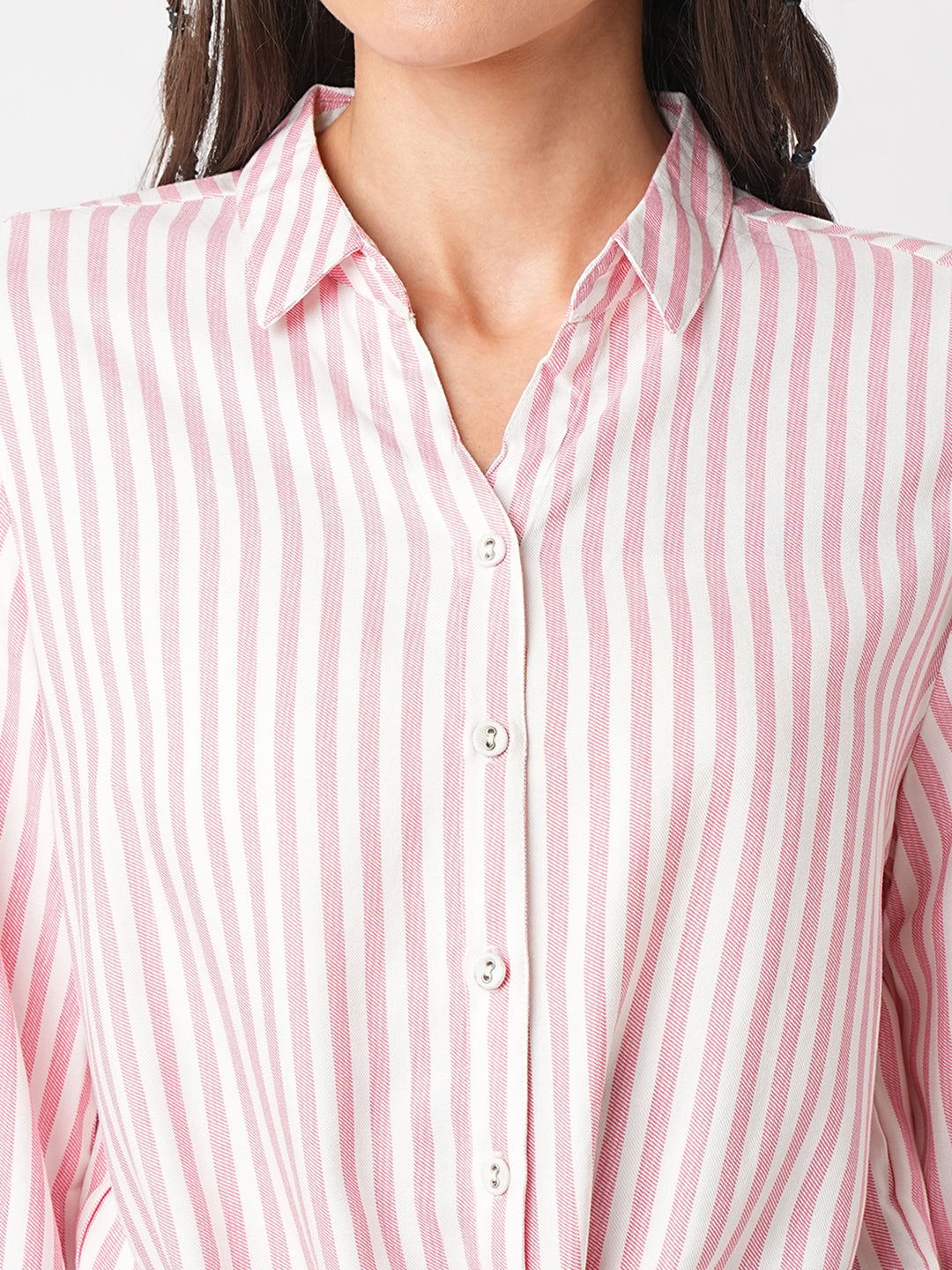 Women Stripped Tie-Up Crop Slim Shirt