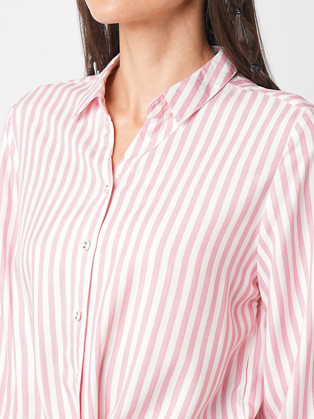 Women Stripped Tie-Up Crop Slim Shirt