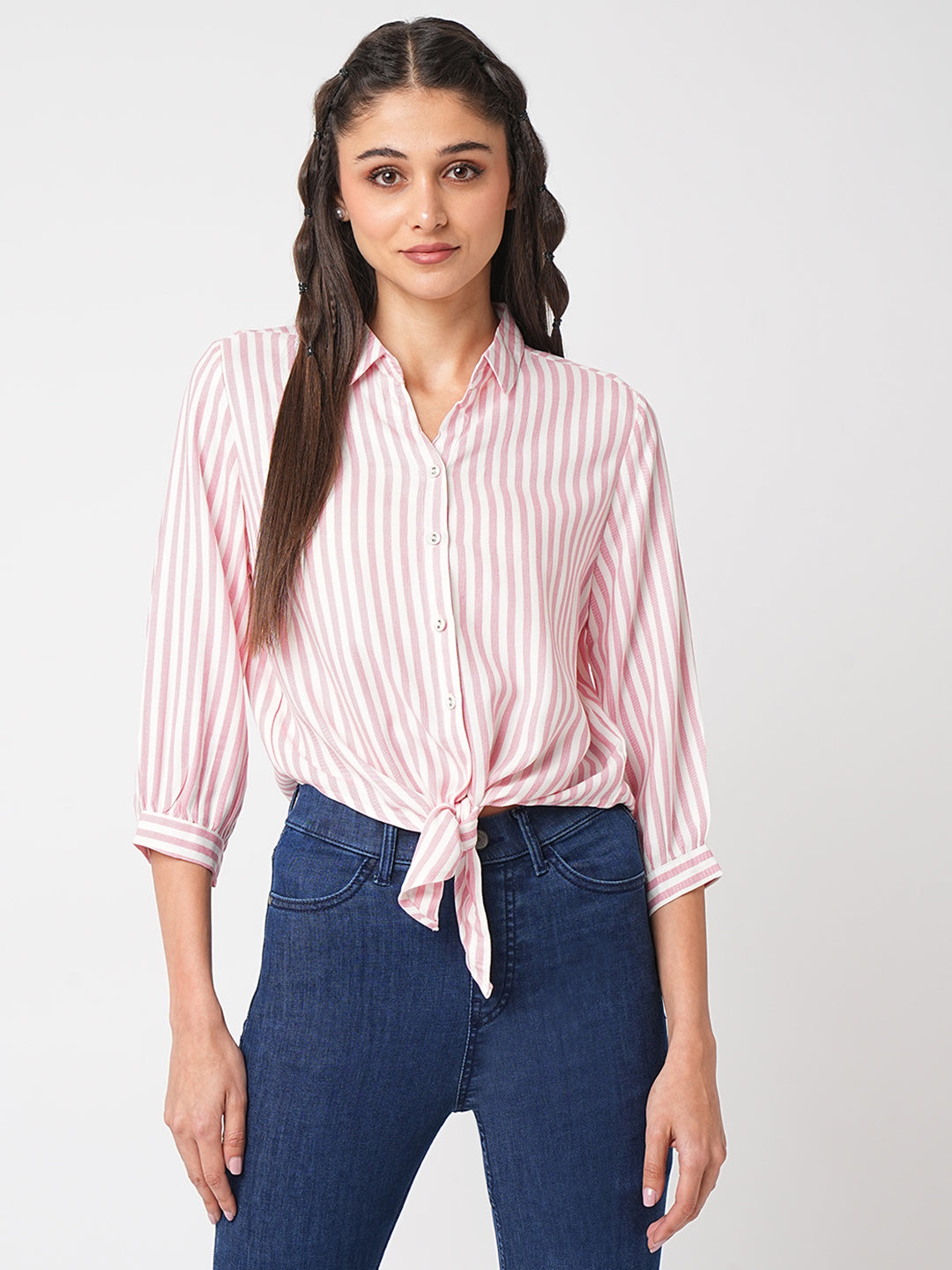 Women Stripped Tie-Up Crop Slim Shirt
