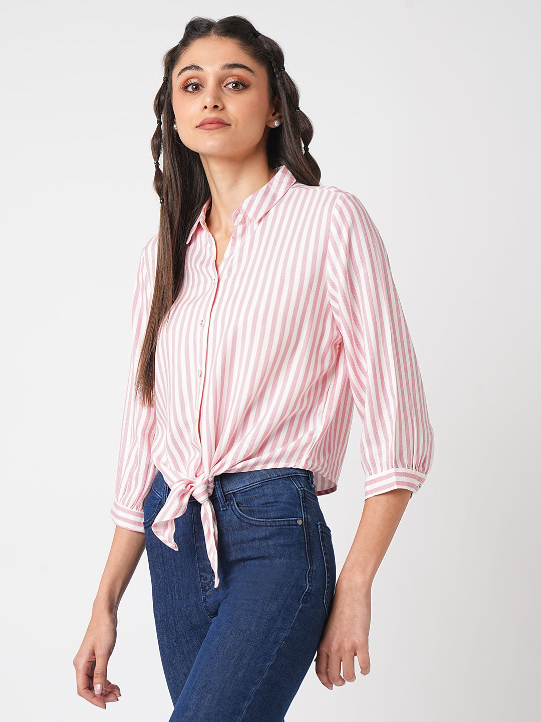 Women Stripped Tie-Up Crop Slim Shirt