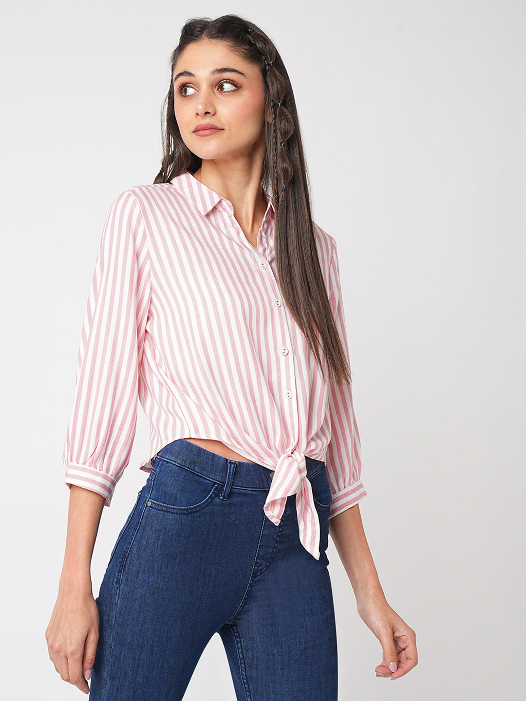 Women Stripped Tie-Up Crop Slim Shirt