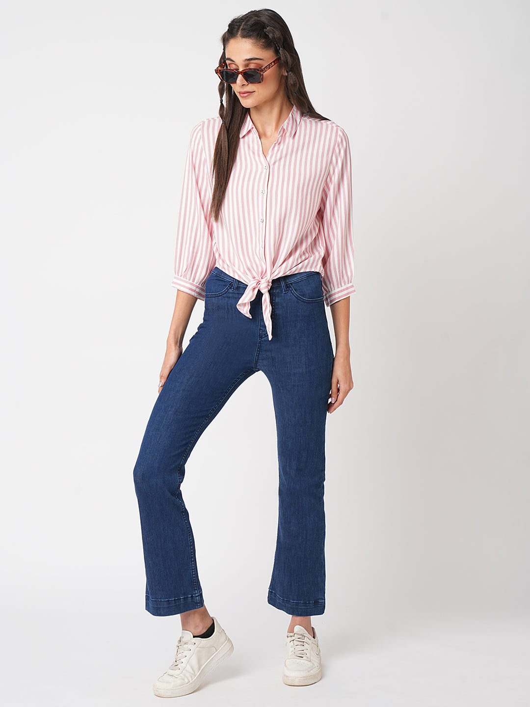 Women Stripped Tie-Up Crop Slim Shirt