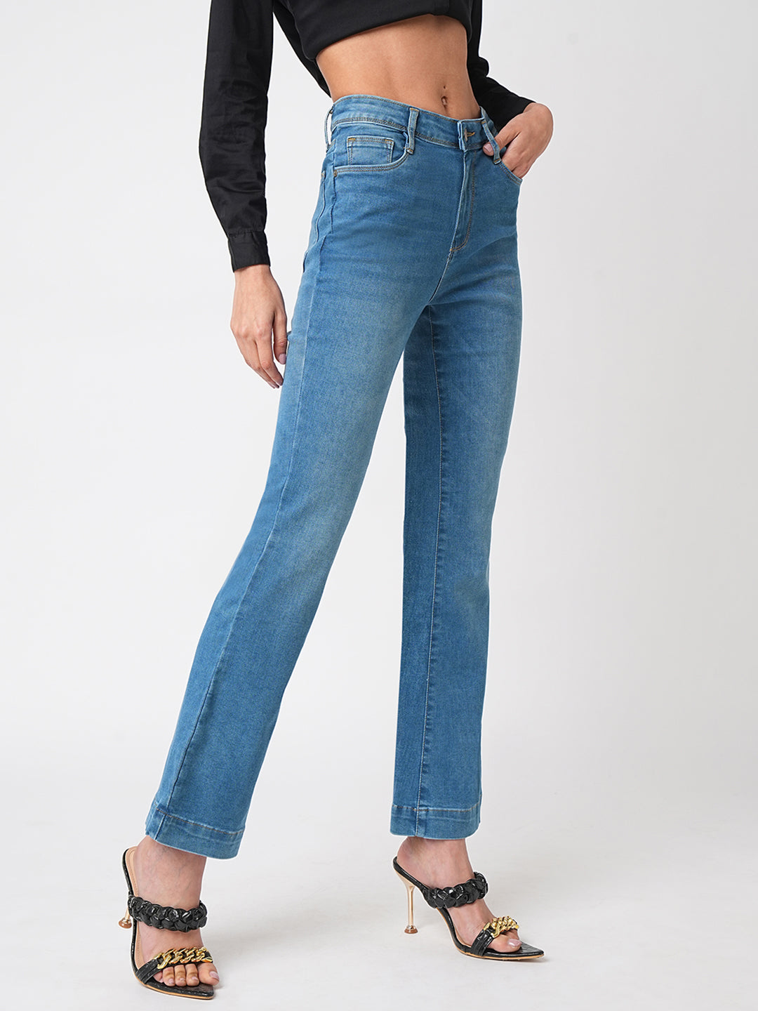 Women Blue High-Rise Mini Flare Jeans