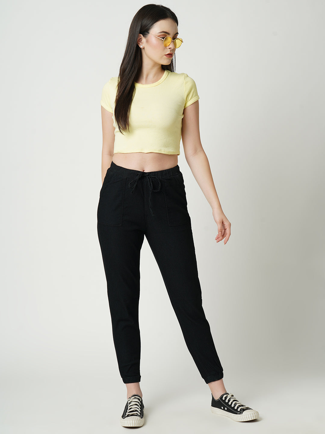 Women Black High-Rise Denim Joggers