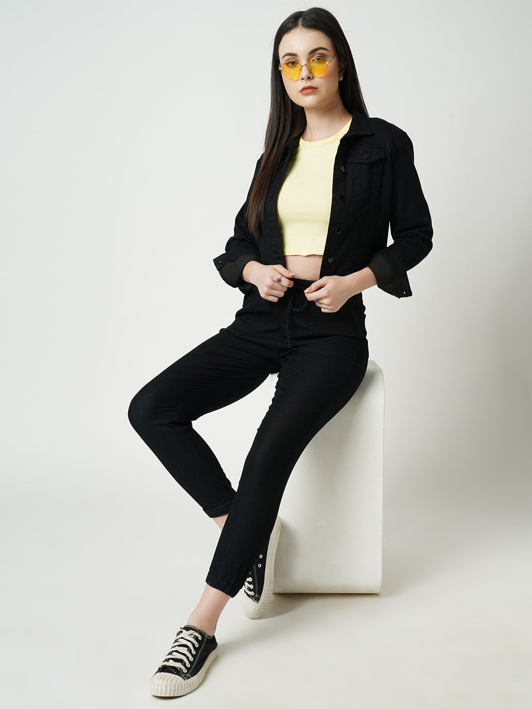 Women Black High-Rise Denim Joggers