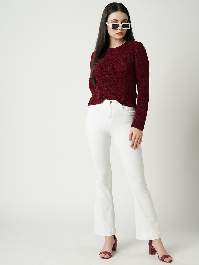 Women Maroon Solid Full Length Sweaters & Sweatshirts