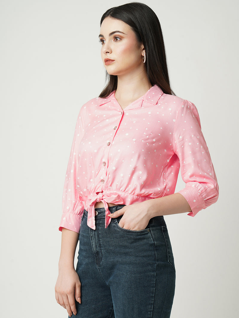 Women Peach Polka Dot Three-Quarter Sleeves Shirts