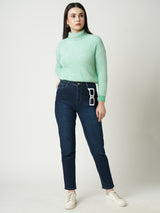 Women Aqua Blue Solid Full Length Sweaters & Sweatshirts