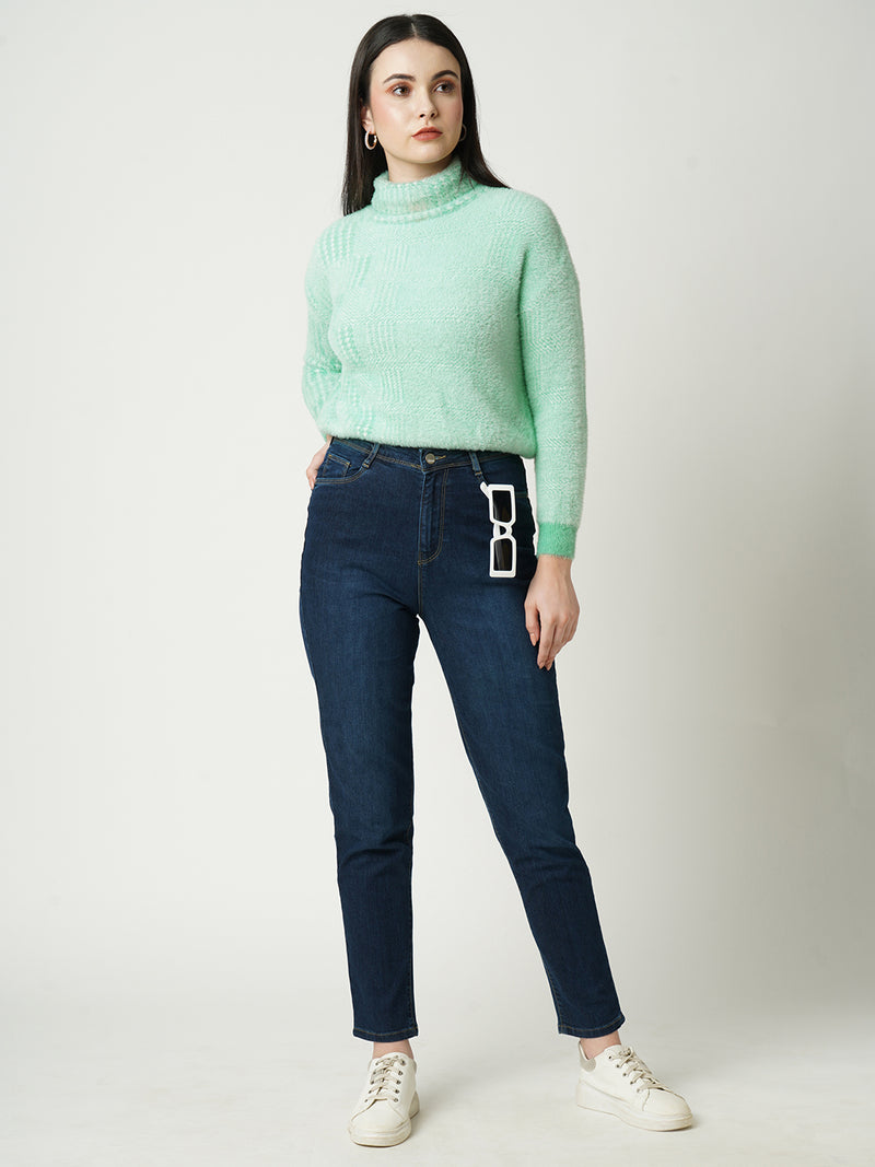 Women Aqua Blue Solid Full Length Sweaters & Sweatshirts