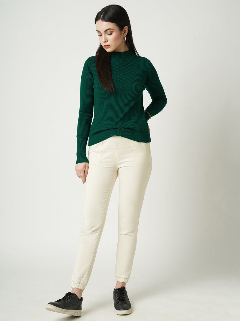 Women Emerald Green Solid Full Length Sweaters & Sweatshirts