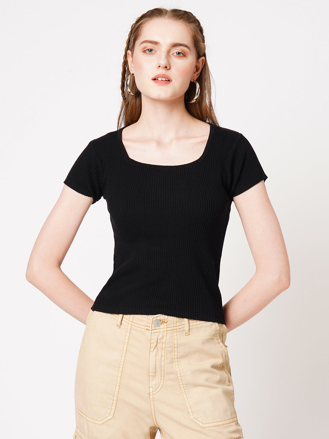 Women Ribbed Square-Neck Top