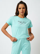 Women Aqua Sky Printed Short Sleeves Athleisure Top