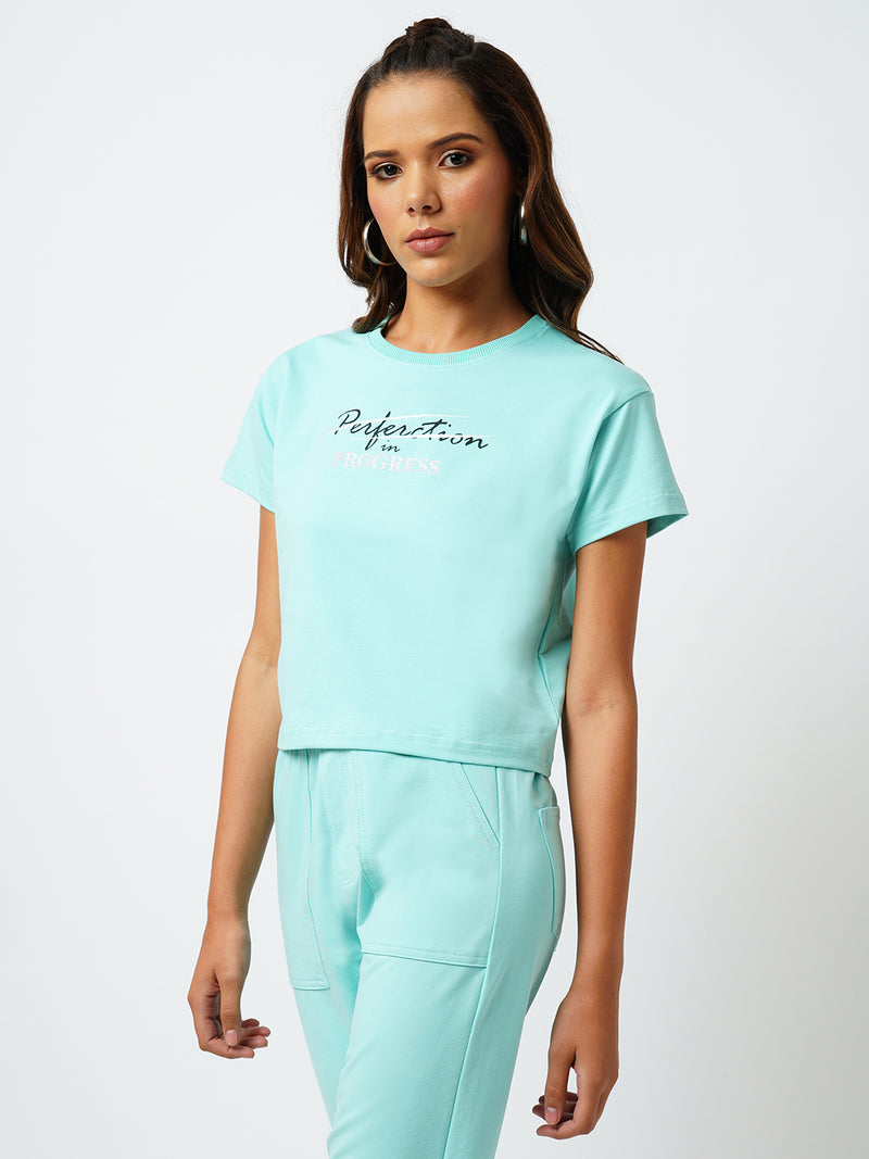 Women Aqua Sky Printed Short Sleeves Athleisure Top