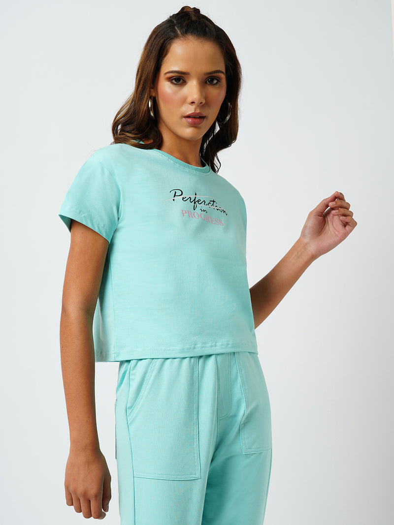 Women Aqua Sky Printed Short Sleeves Athleisure Top