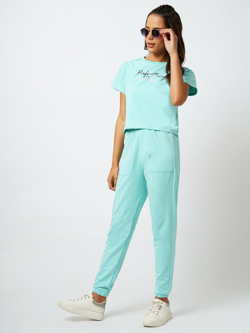 Women Aqua Sky Printed Short Sleeves Athleisure Top