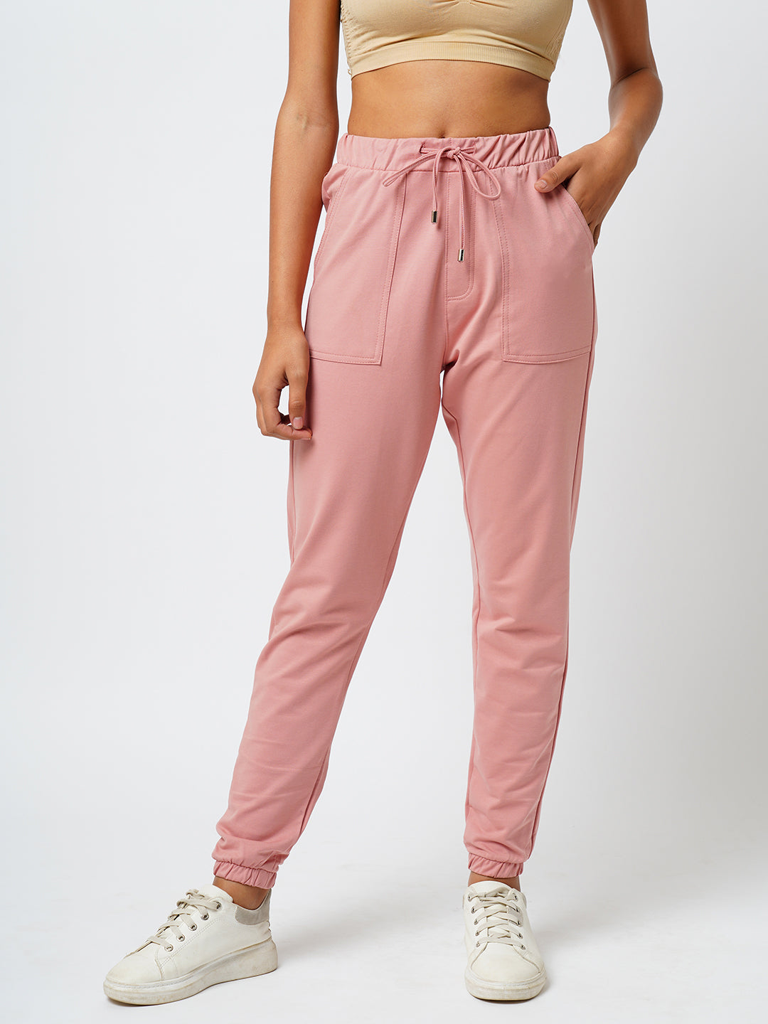 Women Blush Pink High-Rise Denim Joggers