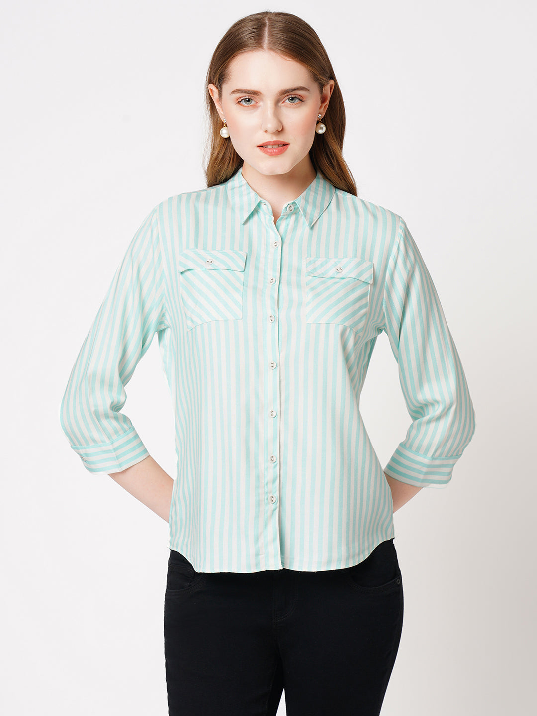 Women Mint & White Striped Shirt