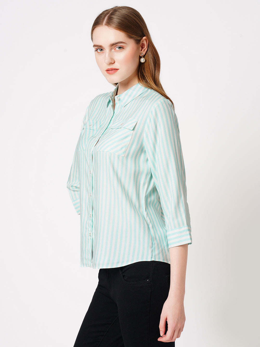 Women Mint & White Striped Shirt