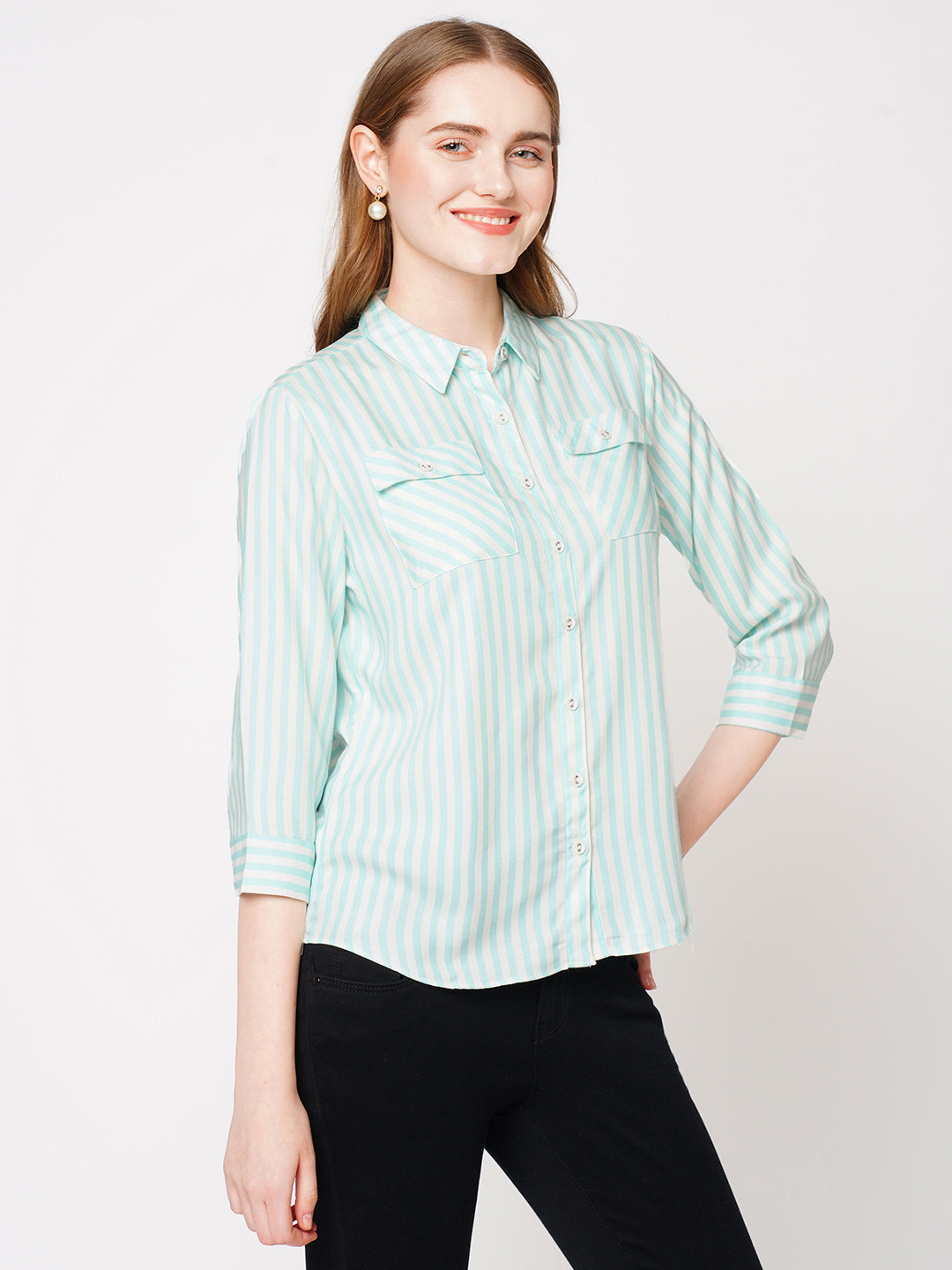 Women Mint & White Striped Shirt
