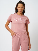 Women Blush Pink Printed Short Sleeves Athleisure Top