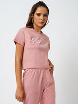 Women Blush Pink Printed Short Sleeves Athleisure Top