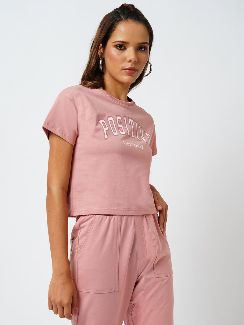 Women Blush Pink Printed Short Sleeves Athleisure Top