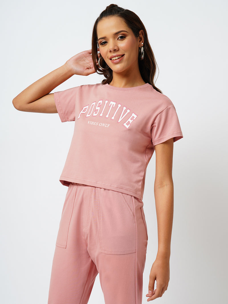 Women Blush Pink Printed Short Sleeves Athleisure Top