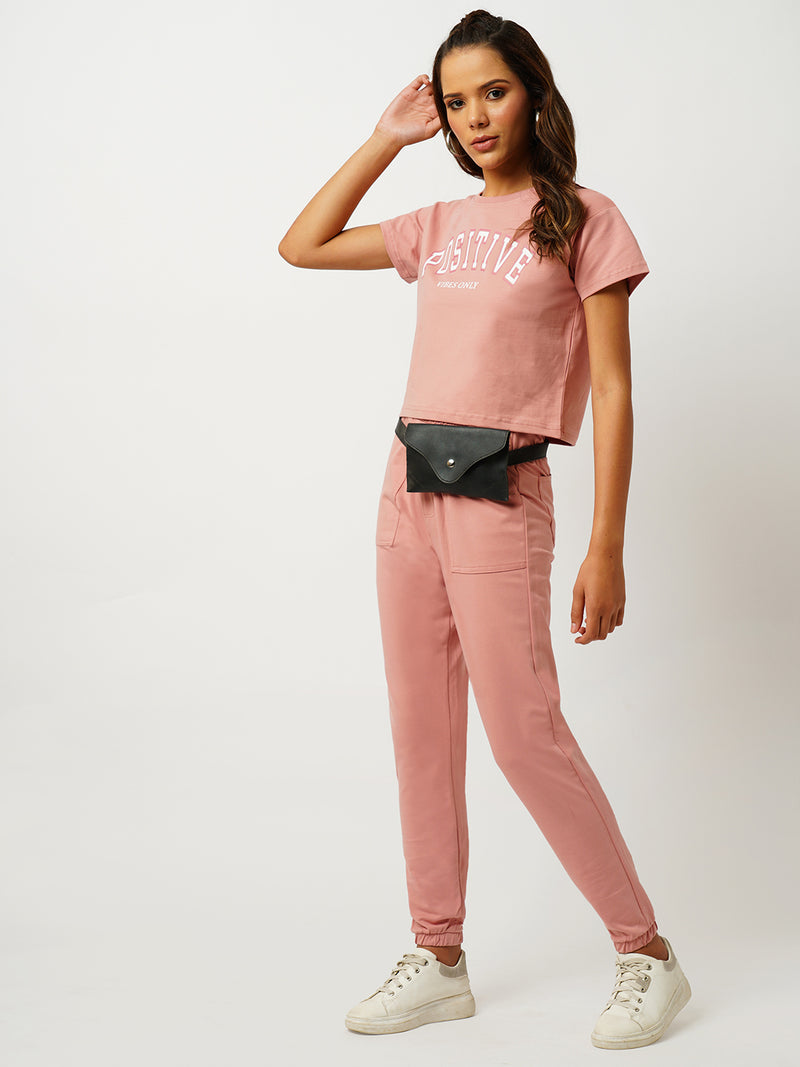 Women Blush Pink Printed Short Sleeves Athleisure Top