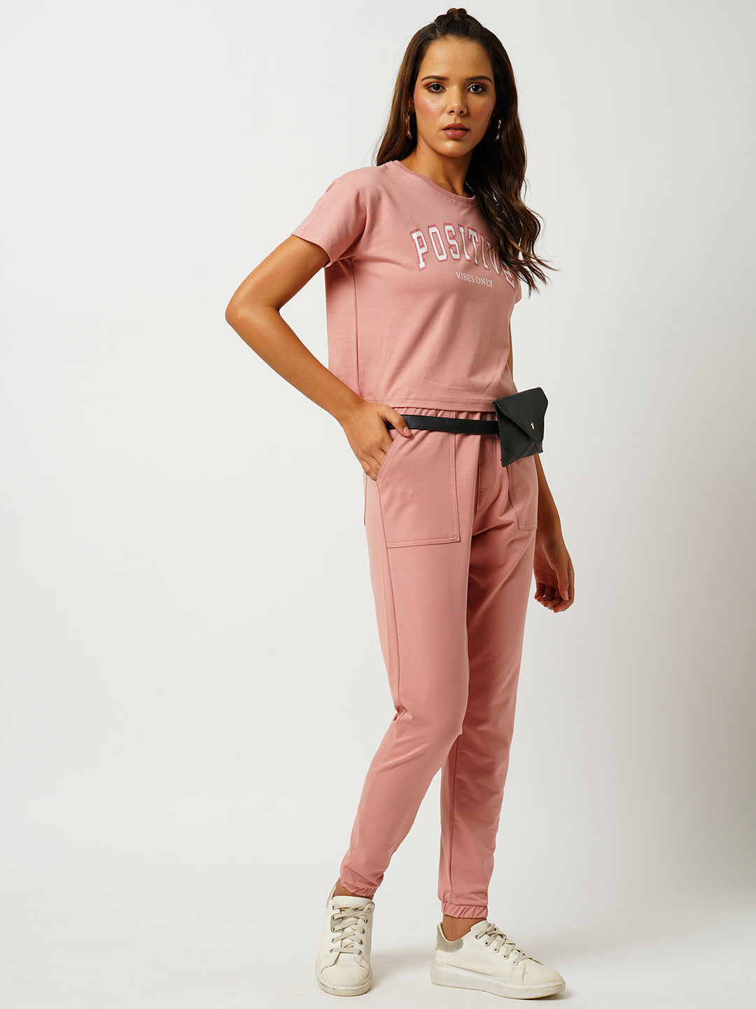 Women Blush Pink High-Rise Denim Joggers
