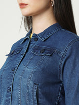 Women Blue Solid Full Length Jackets & Shrugs