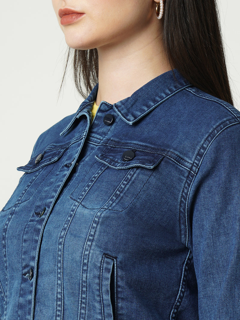 Women Blue Solid Full Length Jackets & Shrugs