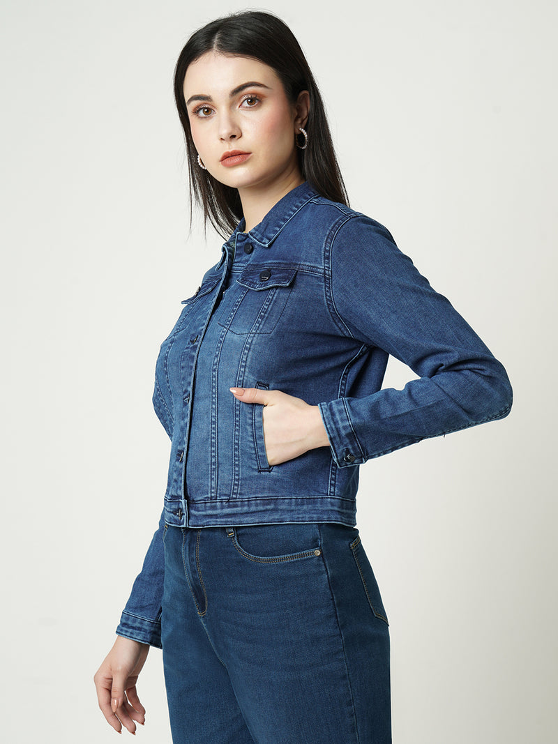 Women Blue Solid Full Length Jackets & Shrugs