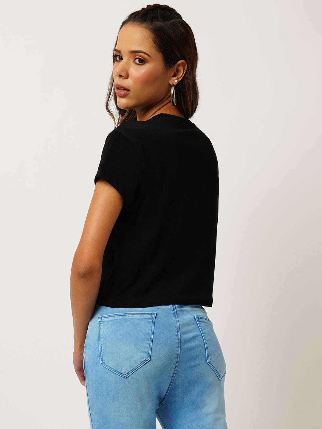 Women Slim Fit Black Crop Graphic Tees