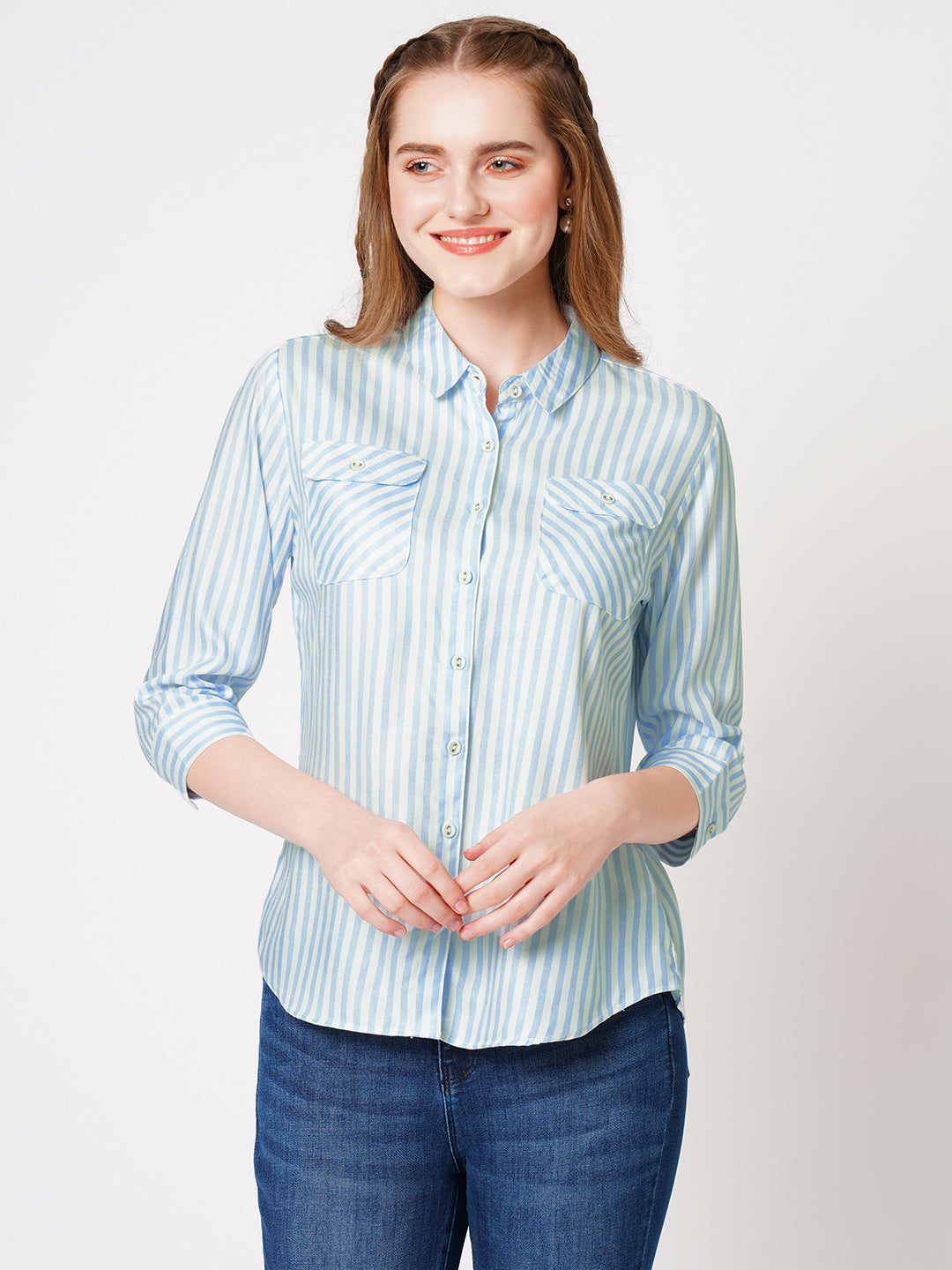 Women Sky/White Stiped Shirt