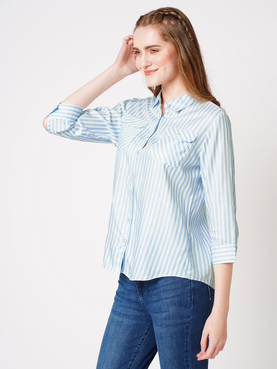 Women Sky/White Stiped Shirt