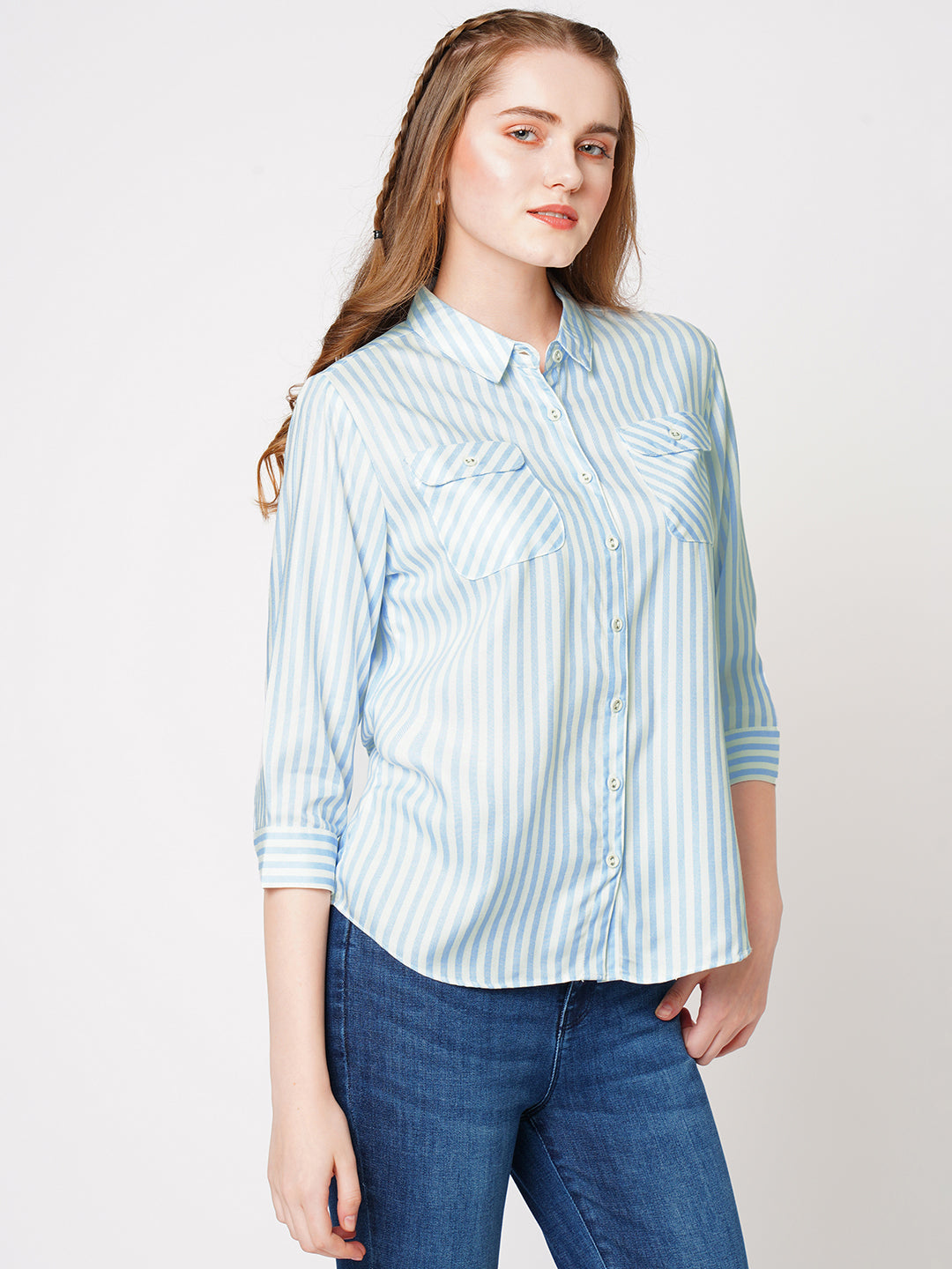 Women Sky/White Stiped Shirt