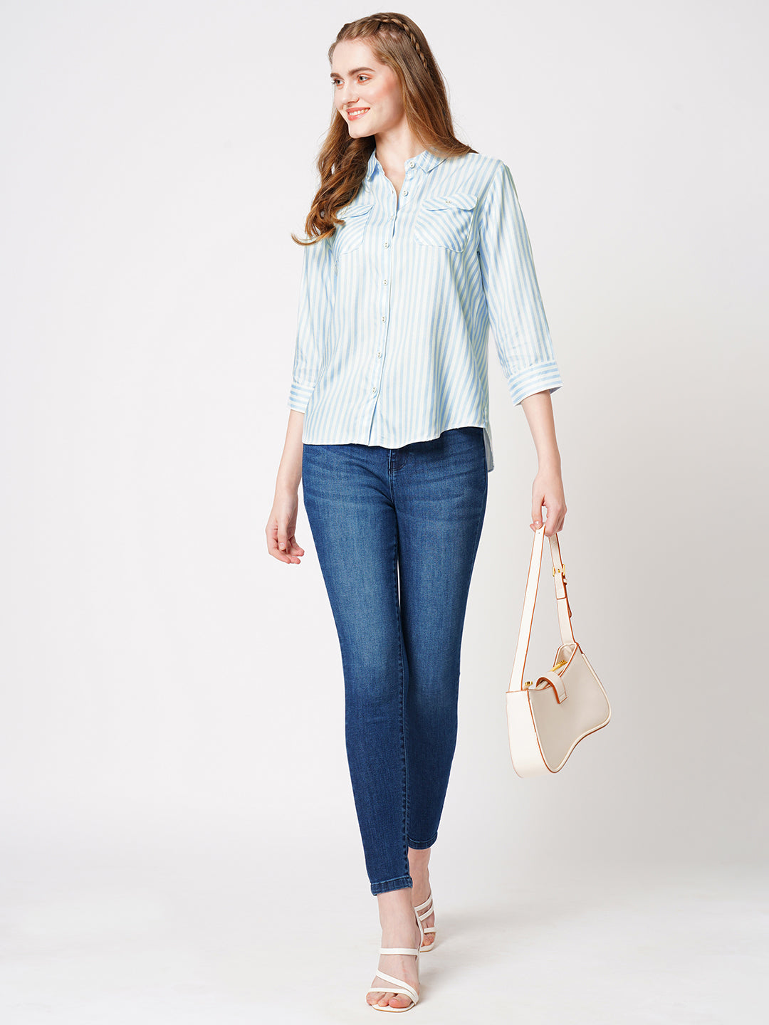 Women Sky/White Stiped Shirt