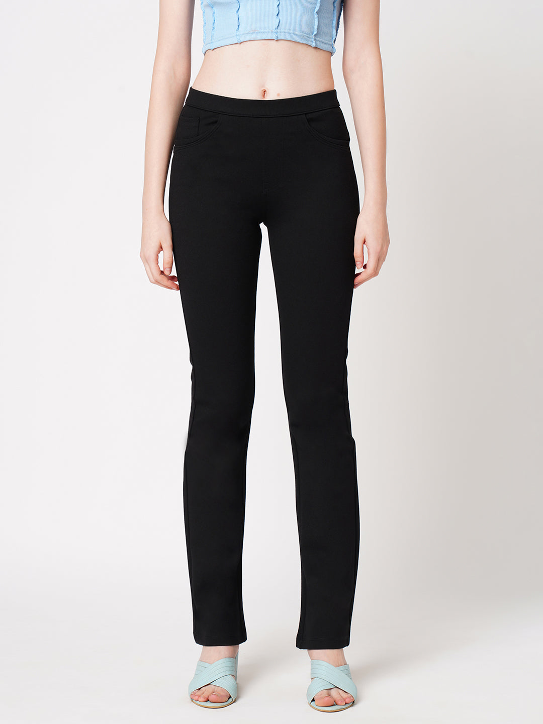 Women Black High-Rise Straight Treggings
