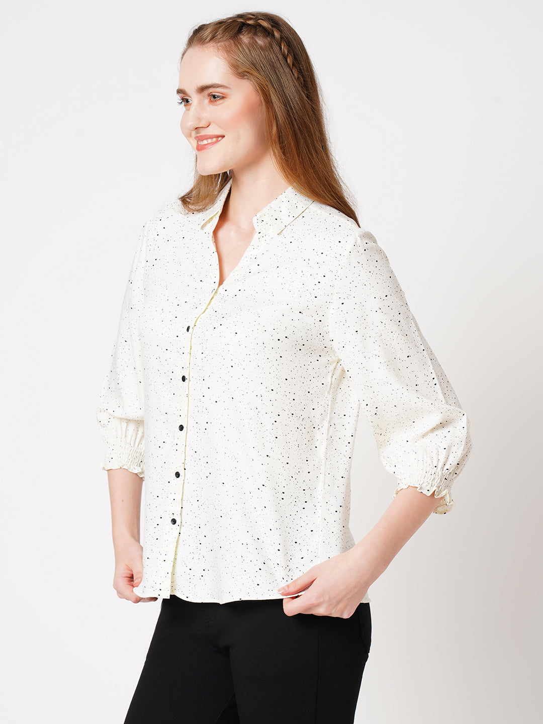 Women Off White Dots Printed Shirt