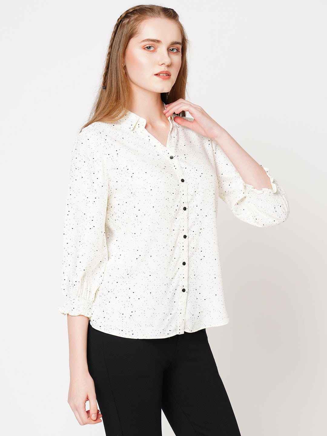 Women Off White Dots Printed Shirt