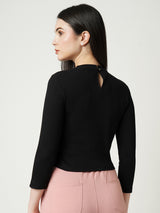 Women Jet Black Solid Three-Quarter Sleeves T-Shirts