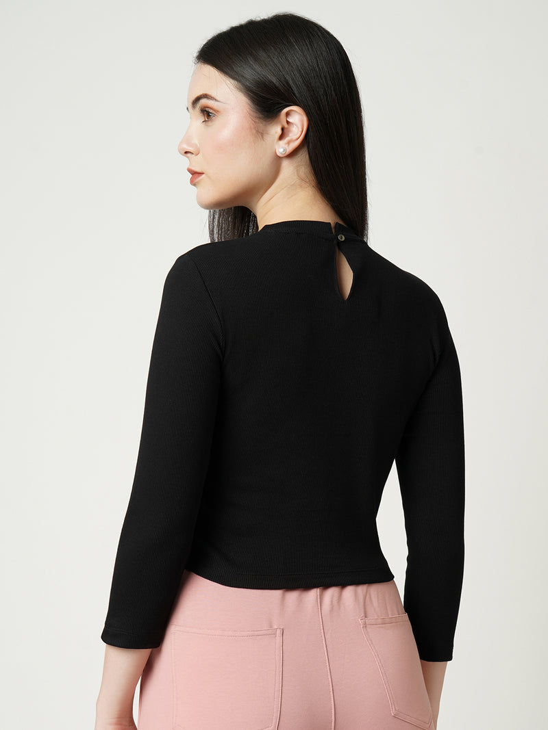 Women Jet Black Solid Three-Quarter Sleeves T-Shirts