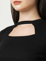 Women Jet Black Solid Three-Quarter Sleeves T-Shirts