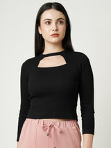 Women Jet Black Solid Three-Quarter Sleeves T-Shirts