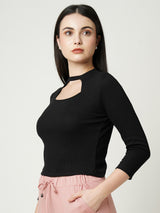 Women Jet Black Solid Three-Quarter Sleeves T-Shirts
