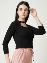 Women Jet Black Solid Three-Quarter Sleeves T-Shirts