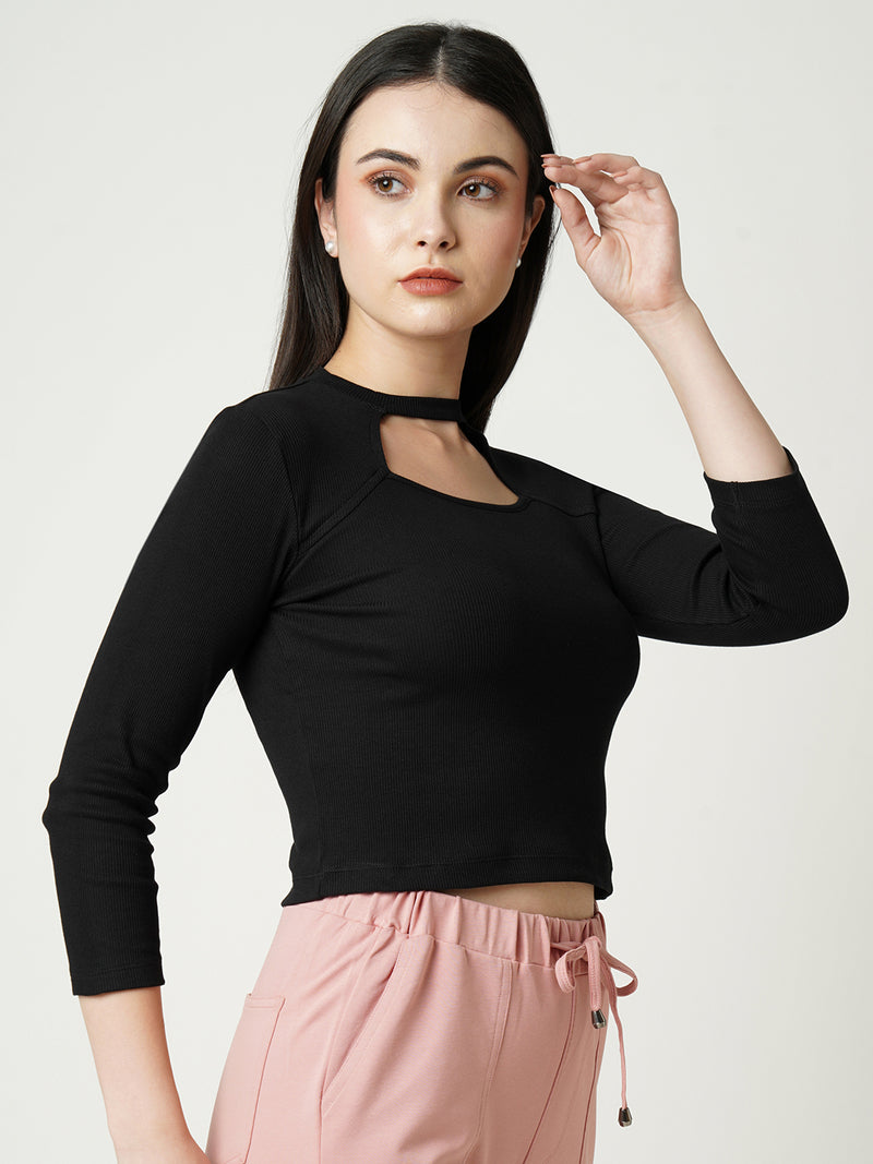 Women Jet Black Solid Three-Quarter Sleeves T-Shirts